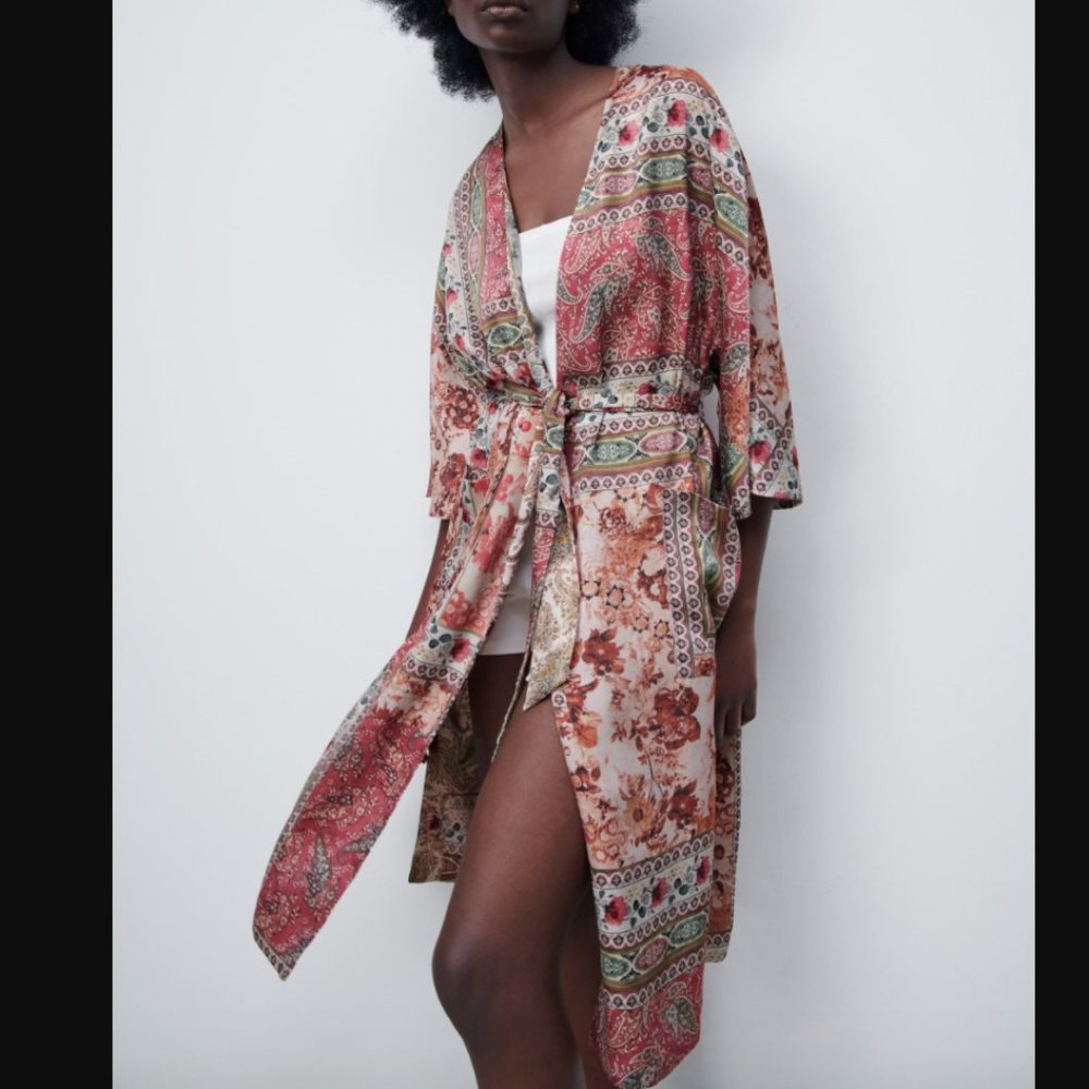 ZARA NEW WOMEN REVERSIBLE PRINTED KIMONO JACKET PATCHWORK PINK PRINT S 2692/441